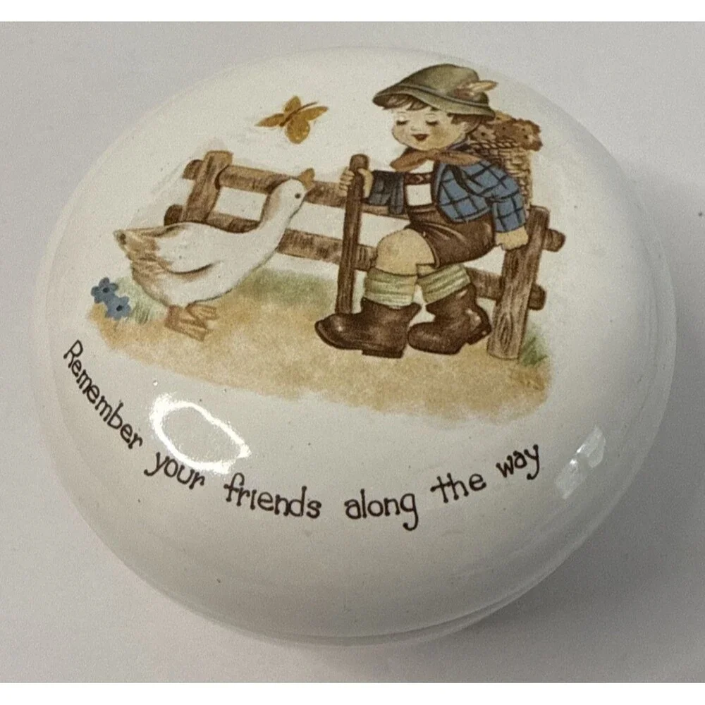 Vintage Ceramic Signed Trinket Box with Decal 1983‎ Boy Duck Leiderhosen